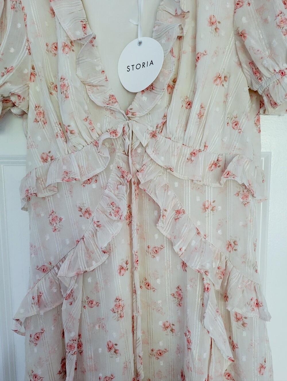 STORIA Maxi Dress Floral Ruffle Cottagecore Coquette Puff Sleeve Womens Med - Picture 6 of 7